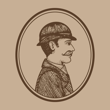 recommend clip art: Vector illustration of vintage engraved man in bowler hat and coat, round frame on beige parchment paper, hand drawn clip art.