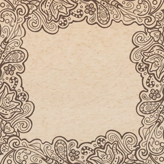 Vintage old paper texture background with floral ornamental frame , scrapbooking victorian style page, hand drawn vector illustration
