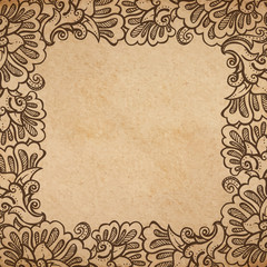 Vintage old paper texture background with floral ornamental frame , scrapbooking victorian style page, hand drawn vector illustration