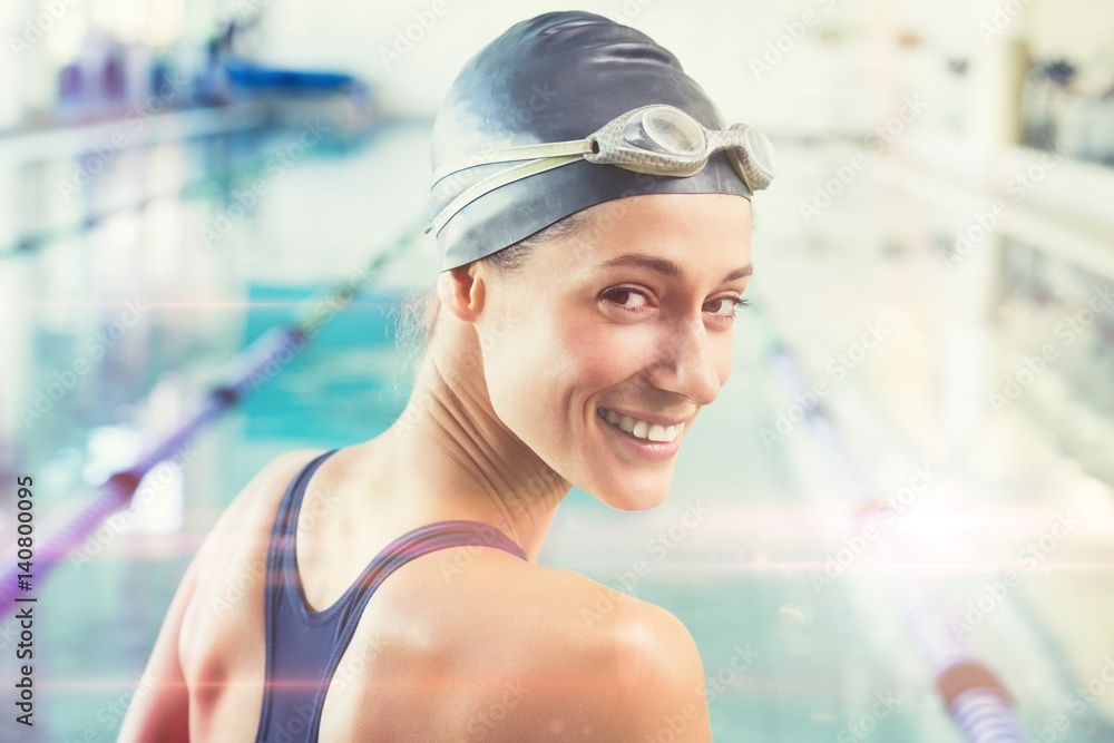 Poster composite image of pretty swimmer by the pool smiling at camera