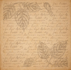 Vintage old paper texture engraved slyle rose twig and handwriting letter poems background, scrapbooking victorian style page, hand drawn vector illustration