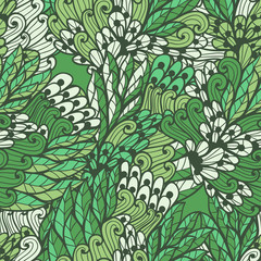 Seamless floral green and beige summer doodle pattern