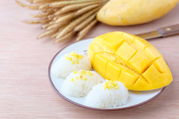mango and sticky rice on wood background