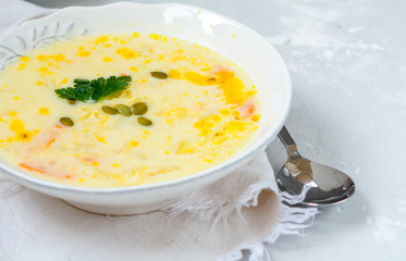 Cheese and vegetable soup puree in a white plate with parsley and croutons.
