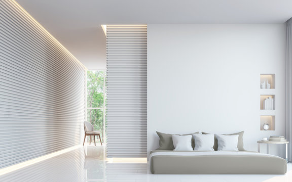 Modern white bedroom interior 3d rendering image.A blank wall with pure white. Decorate wall with extrude horizon line pattern and hidden warm light