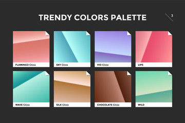 Set of colorful trendy gradient template. Collection palette of color metallic gradient illustrations with gloss for backgrounds, textures. Trendy colors palettes of new season. Vector Illustration