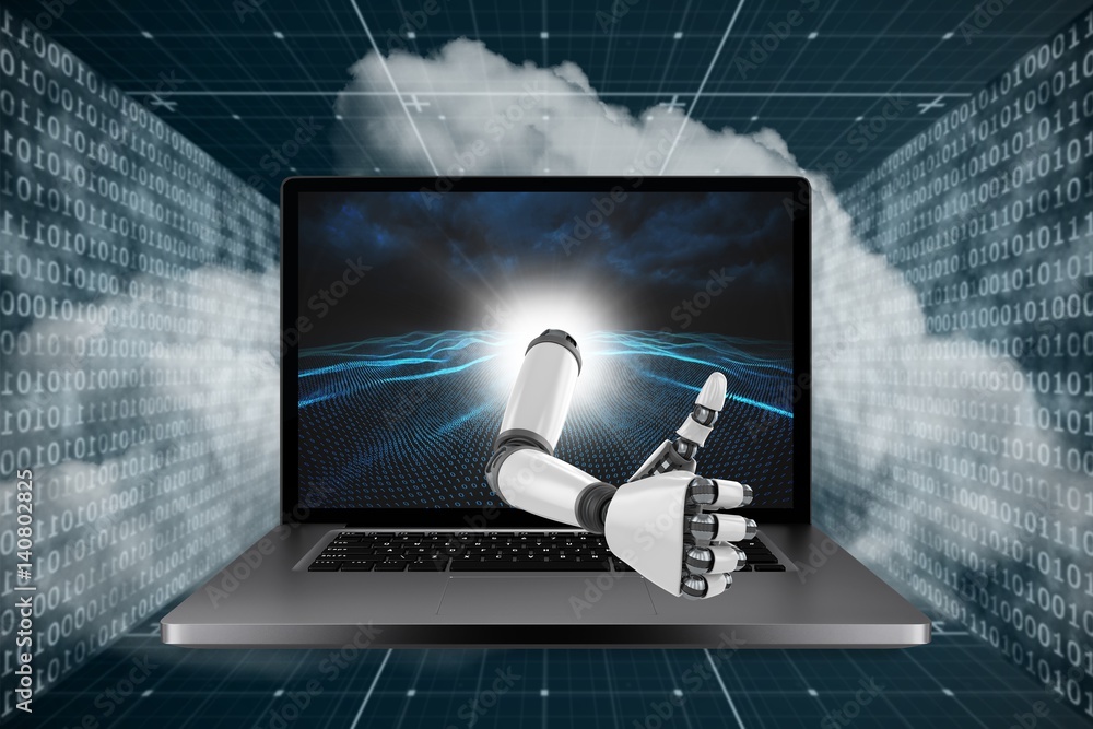 Poster 3d composite image of robotic arm showing thumbs up