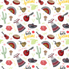 Spain seamless pattern doodle elements, Hand drawn sketch spanish traditional guitars, dress and music instruments, map of spain and lettering - hola spain. vector illustration background © saint_antonio