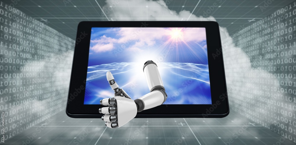 Poster 3d composite image of robotic arm showing thumbs up