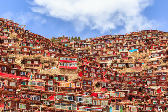 Red monastery and home at Larung gar (Buddhist Academy) in sunshine day and background is blue sky, Sichuan, China.
