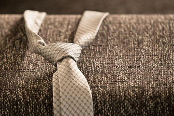 checked pattern tie in knot ready to be worn, on fabric background