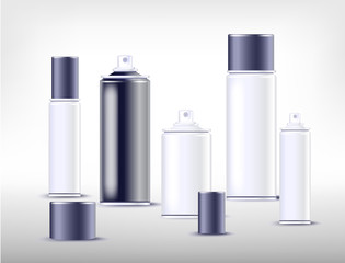 Spray bottles for cosmetics or paint. Empty containers and cans for liquid.  Vector illustration.
