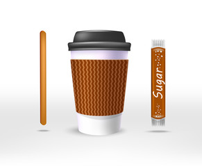 Paper cup of coffee in the kraft bag and a stirrer, a sugar stick, a plastic black cover. Vector illustration.
