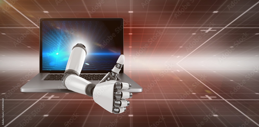 Poster 3d composite image of robotic arm showing thumbs up
