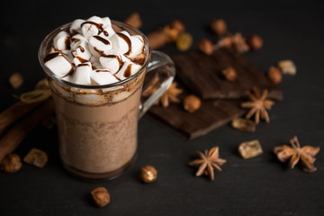 Hot chocolate with marshmallow on the wooden background. Shallow depth of field.