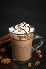 Hot chocolate with marshmallow on the wooden background. Shallow depth of field.