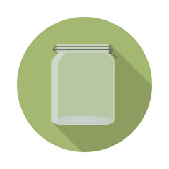 flat vector closed transparent glass jar with lid icon with long shadow in to green round geometric shape as zero waste, bpa and plastic free concept