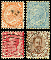 Fototapeta na wymiar Old Italian stamps. Dated 1863, 1889, 1906. Kings Vittorio Emanuele II & Vittorio Emanuele III