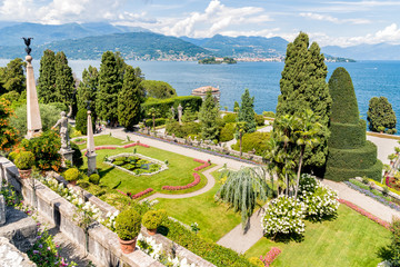 Baroque garden of island Bella - isola Bella, is  one of the Borromean Islands of Lake Maggiore in Piedmont of north Italy.  - obrazy, fototapety, plakaty