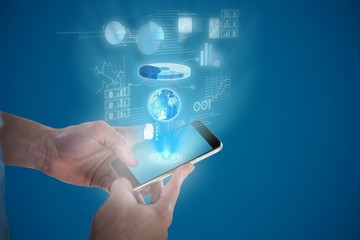 Composite image of close-up of man holding smart phone