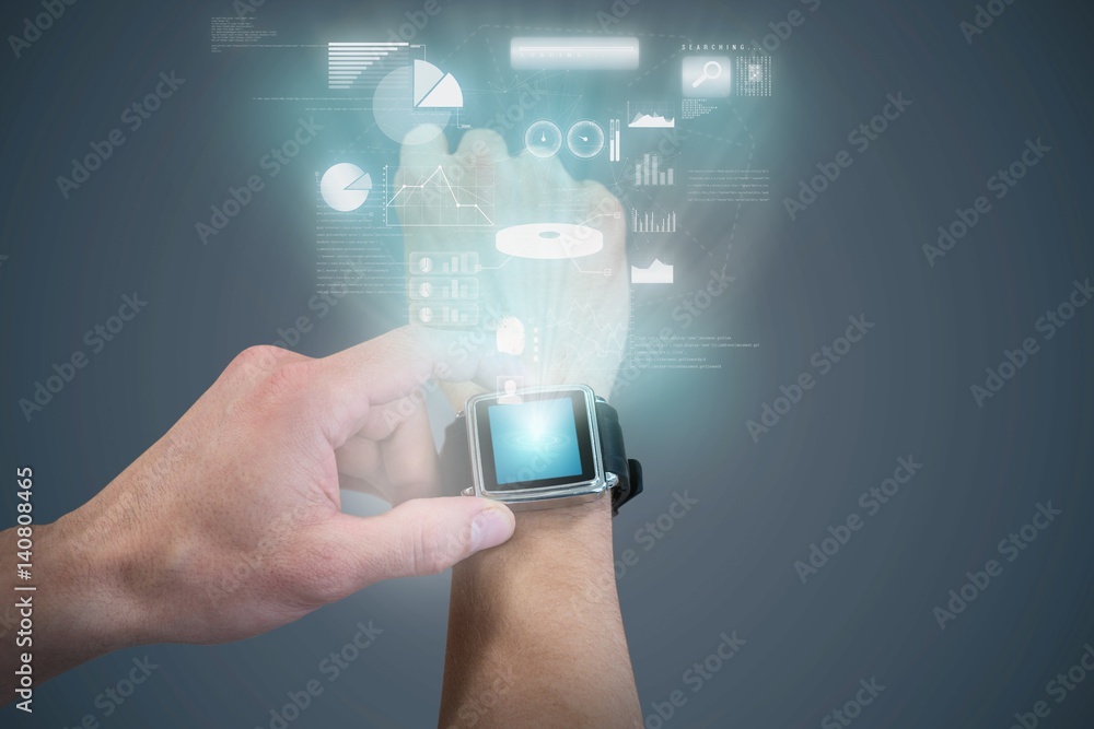 Poster composite image of cropped image of man using watch