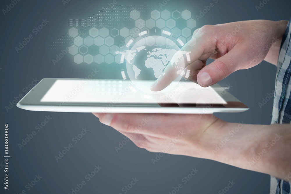 Poster composite image of cropped image of man using digital tablet