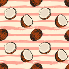 Seamless pattern with coconuts on striped grunge background. Vector illustration