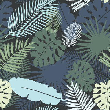 Seamless pattern with tropical leaves. Vector illustration painted with watercolor grunge brushes.