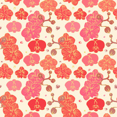 Seamless pattern with hand drawn orchids in beautiful colors. Vector illustration