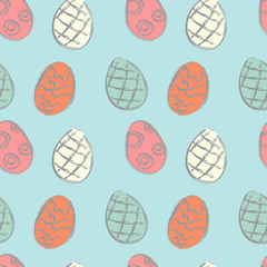 Seamless pattern with Easter colorful eggs on blue background. Vector illustration