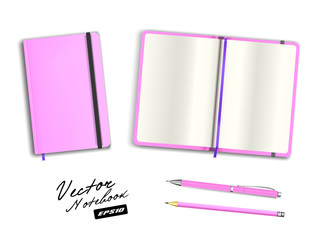 Blank pink open and closed copybook template with elastic band and bookmark. Realistic stationery blank pink pen and pencil. Notebook Vector illustration isolated on white background.
