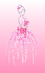 Art sketching of beautiful young bride with pink flowers. Vector illustration of pretty girl in ball gown.