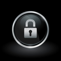 Security symbol with padlock icon inside round chrome silver and black button emblem on black background. Vector illustration.