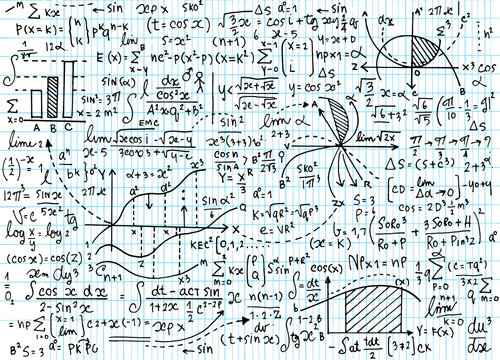 Math education vector pattern with handwritten formulas, tasks,