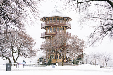 The Patterson Park Pagoda in the snow, in Baltimore, Maryland.