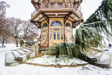The Patterson Park Pagoda in the snow, in Baltimore, Maryland.