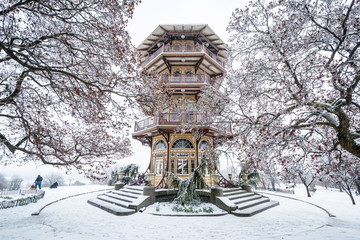 The Patterson Park Pagoda in the snow, in Baltimore, Maryland.