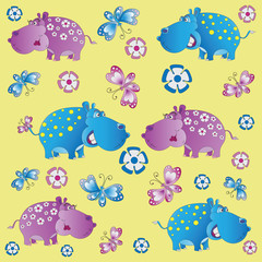 Fun zoo. Hippos. A child's drawing. Pink and blue begemoty. The cartoon characters. Design for pattern, textiles, children's books, the background image.