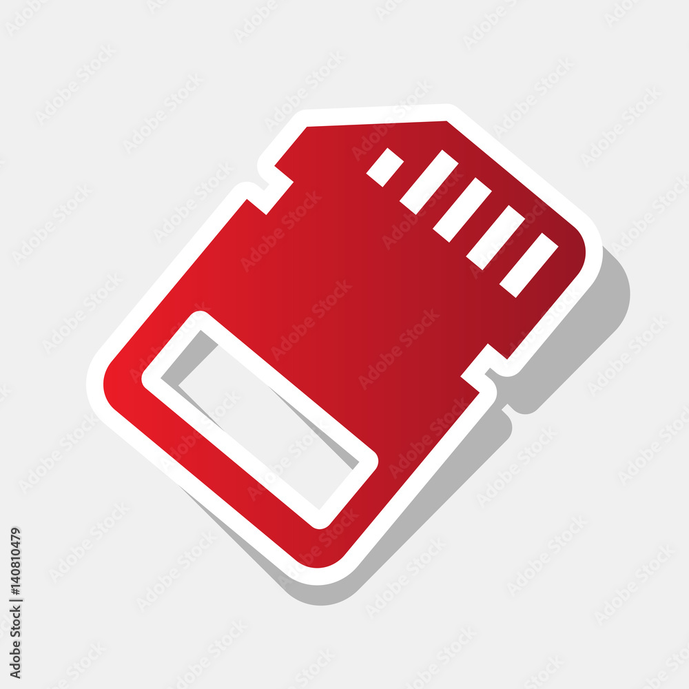 Poster memory card sign. vector. new year reddish icon with outside stroke and gray shadow on light gray ba