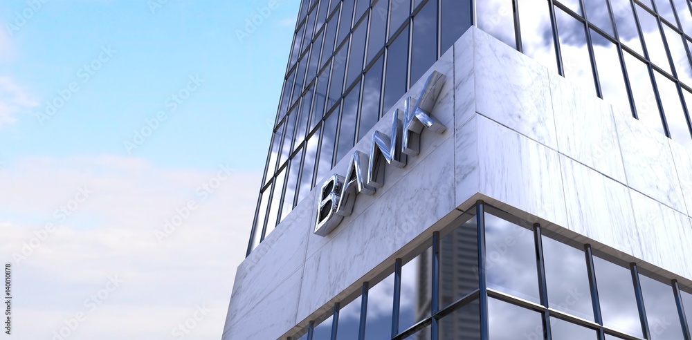Poster composite image of low angle view of bank building