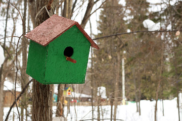 Wooden birdhouse in the forest, handmade