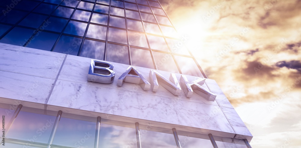 Poster composite image of low angle view of bank text building