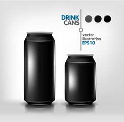black metal aluminum beverage drink cans 500 ml and 330 ml for beer, soda, water, energy, alcohol. Product packing mock up template for design. Vector illustration
