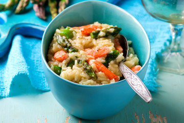 Asparagus and Shrimp Risotto in  blue dish