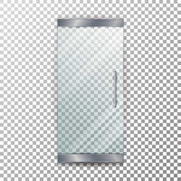 Glass Door Transparent Vector. Architectural interior symbol With Soft Shadow In Front Isolated On Checkered Background