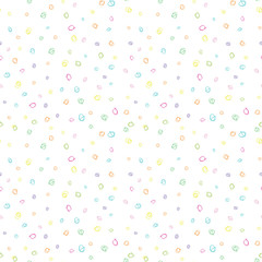 Modern vector seamless pattern with  colorful scribble dots shapes in bright colors. Freehand drawn rounded doodles in pink, purple, blue, green and yellow on white background. 