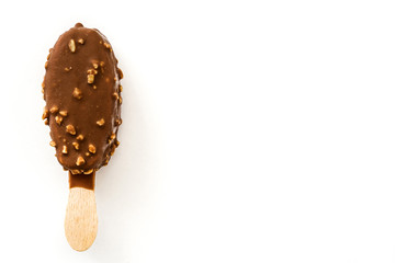 Chocolate ice cream popsicle isolated on white background. Copyspace.
