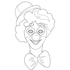 Circus Clown Artist In Classic Outfit With Red Nose And Make Up. Outline element for coloring book.