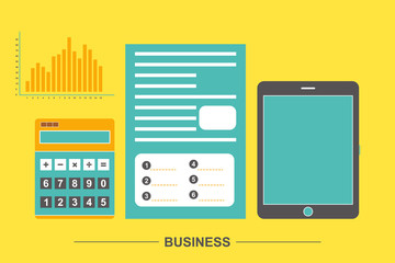 Concepts for business planning and accounting. Analysis, paper sheet, calculator and tablet computer.