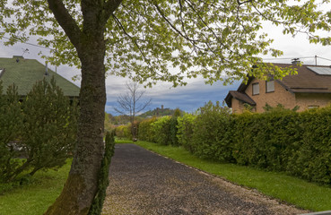 Rural lane on a castle background on the horizon